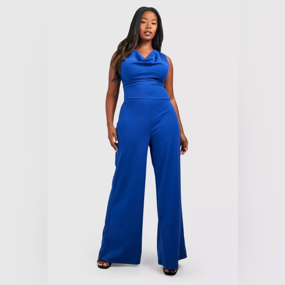 NWT BOOHOO COBALT COWL NECK WIDE LEG JUMPSUIT SIZE 22